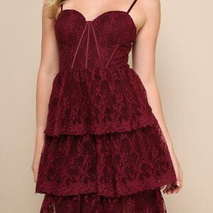 Lulus Exceptional Persona Wine Red Lace Tiered Bustier Midi Dress - Size S